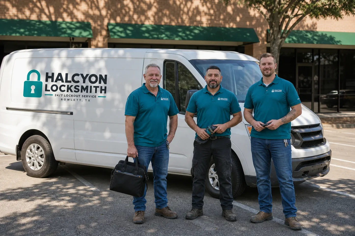 Halcyon Locksmith locksmith technicians and the service van in Rowlett