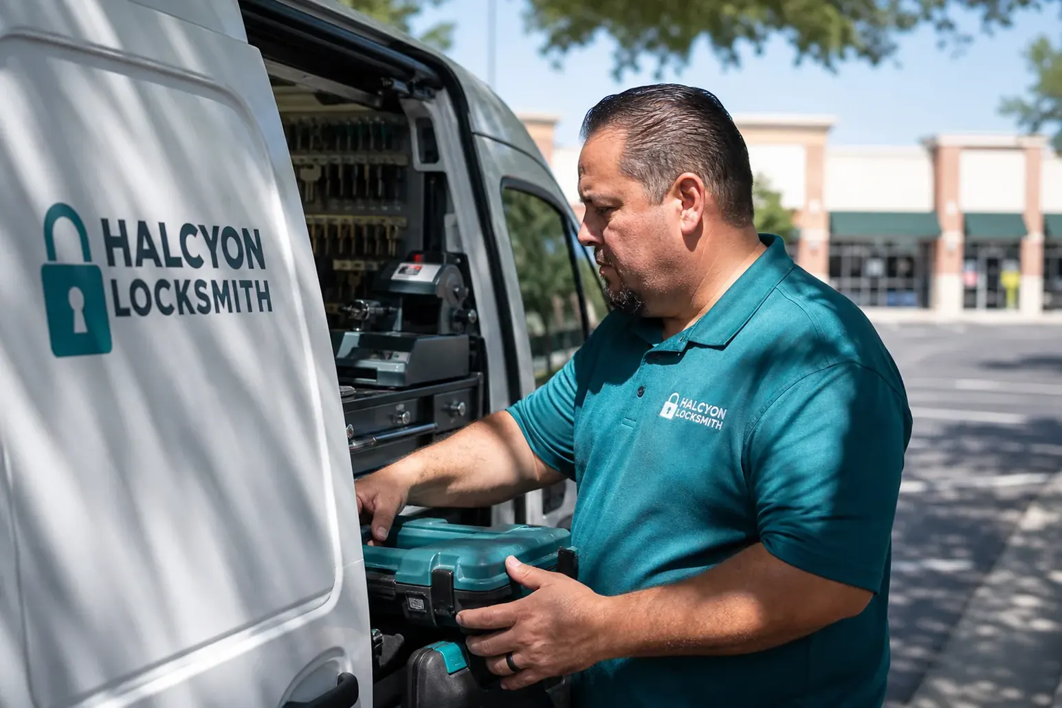 The Halcyon Locksmith service van, stocked for lockouts and key cutting in Rowlett