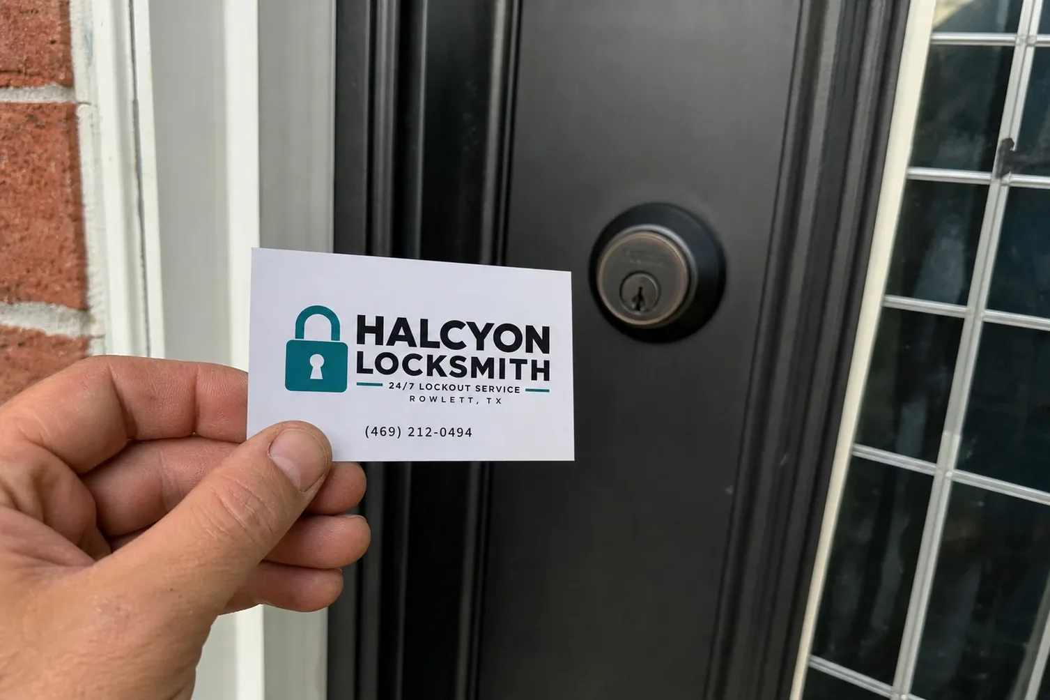 Halcyon Locksmith card at a job in Rowlett