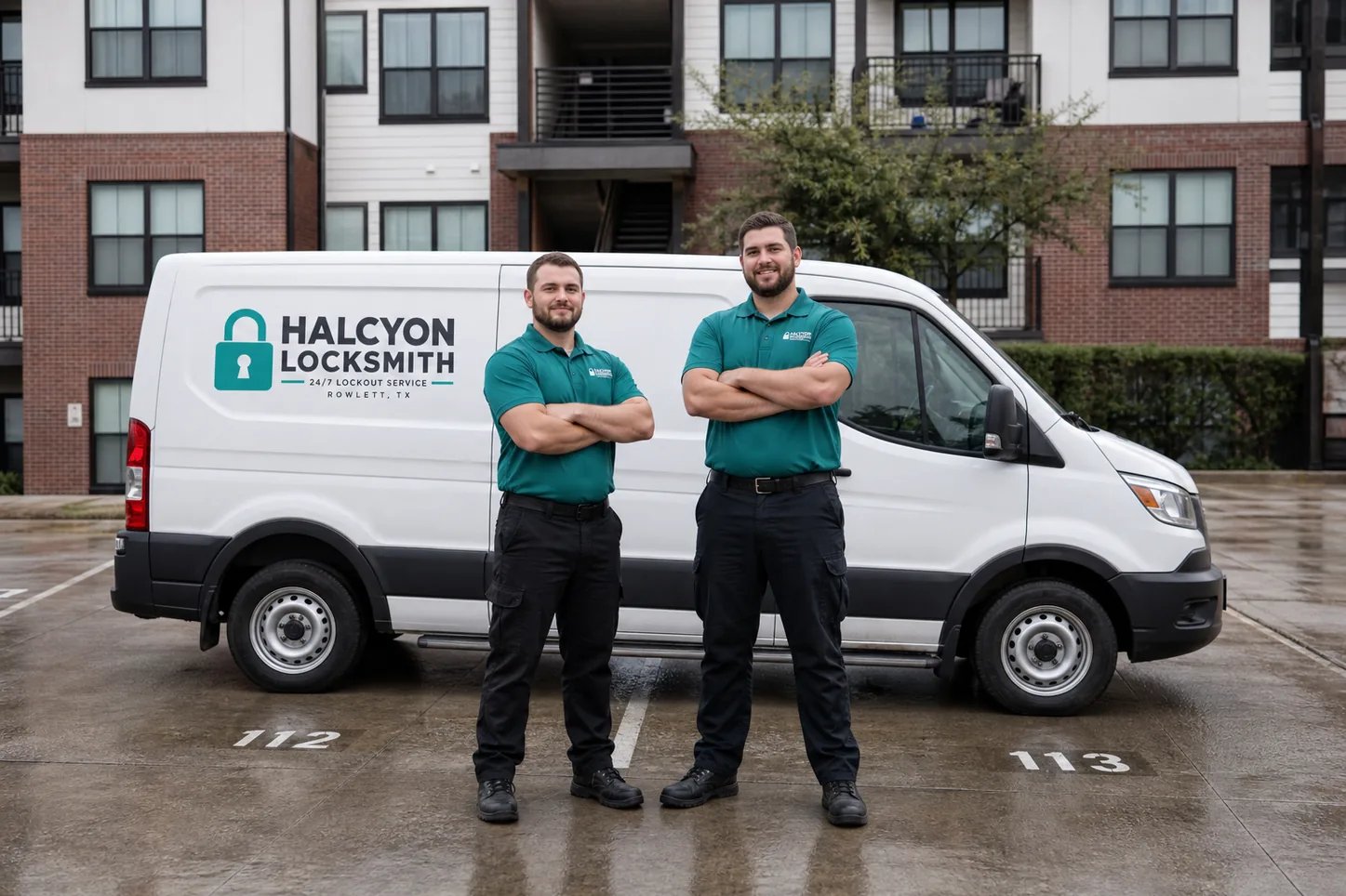 Locksmith technicians beside the service vehicle, TX